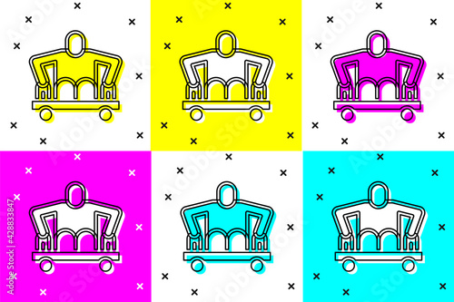 Set Man without legs sitting wheelchair icon isolated on color background. Disability concept. Guy with physical disabilities. Vector