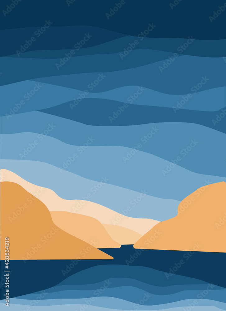 Minimalist landscape. Abstract mountains and sea for a stylish background. Poster of different shades of blue. The concept of travel, leisure and tourism. Wall art. Vector