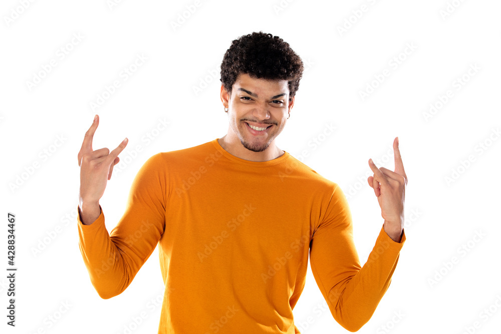 Cute african american man with afro hairstyle wearing a orange T-shirt Cute african american man with afro hairstyle wearing a orange T-shirt