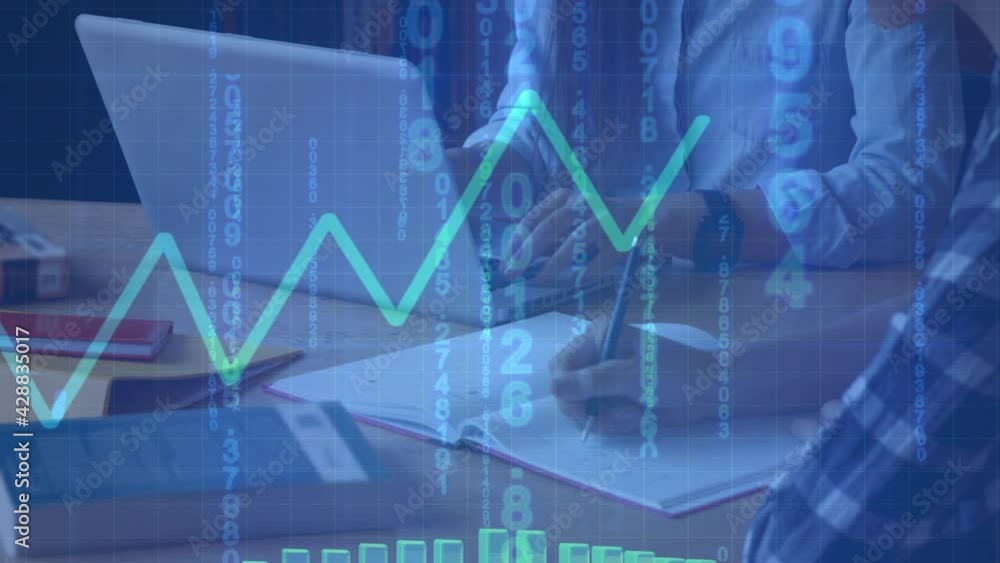 Animation of financial data processing over people working in office using laptop Animation of financial data processing over people working in office using laptop