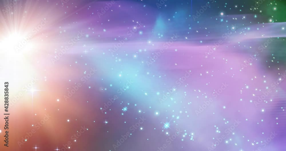 Animation of glowing stars on blue, pink and purple light trails in universe Animation of glowing stars on blue, pink and purple light trails in universe