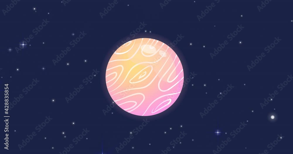 Animation of universe with pink and yellow planet with white lines and stars on blue sky Animation of universe with pink and yellow planet with white lines and stars on blue sky