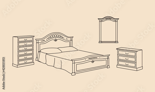 Contour icons of furniture for the interior of a bedroom in a classic style: chest of drawers, mirror, bed
