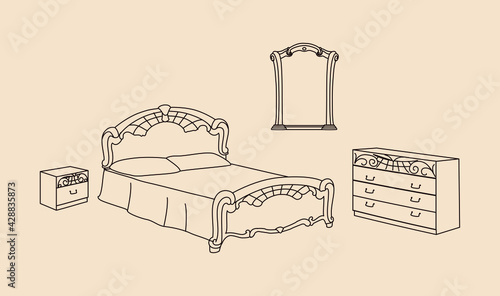 Contour icons of furniture for the interior of a bedroom in a classic style: chest of drawers, mirror, bed
