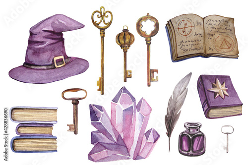 Obraz na plátně Watercolor wizard hat and crystal on the white background