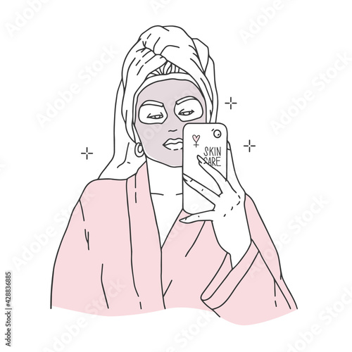 A Girl takes a selfie. Towel on the head, mask, robe. Home skincare treatments, spa procedure. Outline drawing, fashion sketch. Modern illustration in minimalist style, vector. Sticker design, banner.