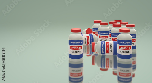 Coronavirus vaccine background. Covid-19 corona virus vaccination with vaccine bottle and syringe injection tool for covid19 immunization treatment. illustration. 3D