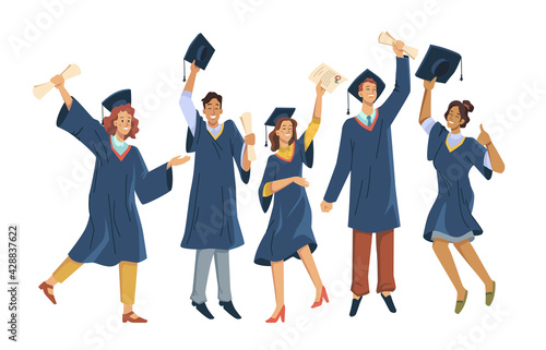 Graduated students celebrating graduation from college, university or high school. Vector happy students with diplomas wearing academic gown and mortarboard cap, group with education certificates