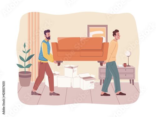 People moving to new house, room interior design. Vector loaders carrying furniture, lifting sofa. Vector new home, loading service, relocation and moving into new flat, delivery services, empty boxes