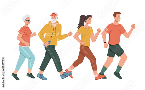 Family parents and grandparents running together isolated cartoon characters. Vector man with fitness band tracker, sportive pensioners, middle age man and woman joggers. Motivational sport trainings