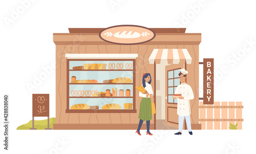 Facade of bakery shop, seller buyer, building facade exterior, people shopper and baker vendor. Vector store with pastry food products, bread market with signboard, baking cafe, dessert supermarket