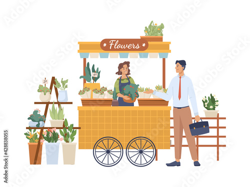 Man buys flowers at flower stand, woman seller sells bouquet in street shop isolated cartoon characters. Vector buyer at outdoor local market. Concept of retail, small business, private enterprise