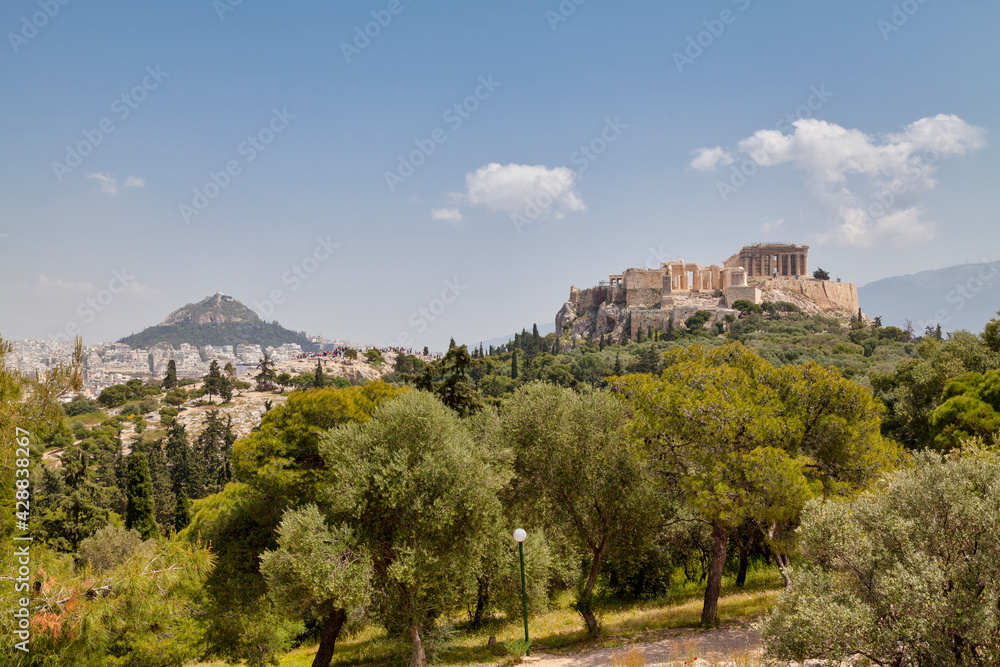 The Acropolis of Athens and the Church of St George on top of Mount Lycabettus.
