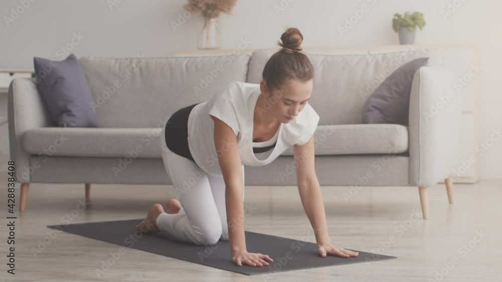 Young sporty woman exercising at home, standing on all fours and lifting leg and hand, slow motion Young sporty woman exercising at home, standing on all fours and lifting leg and hand, slow motion