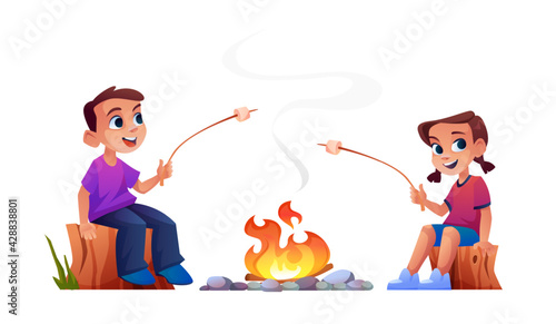 Happy children campers sitting at campfire together and marshmallow barbecue on fire. Vector boy and girl on wood logs resting on nature, summer adventure. Son and daughter with sticks cooking bbq