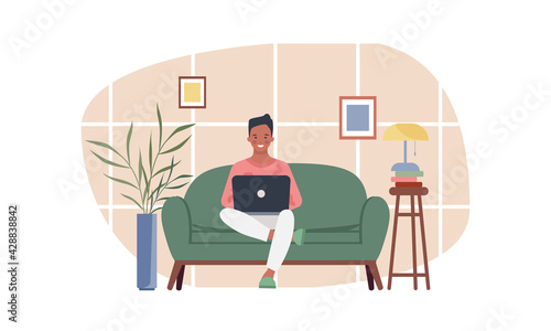 Young man working on laptop computer at home. Online education, distance learning. Freelance, work at home, remote work and home office. Vector illustration in a flat style