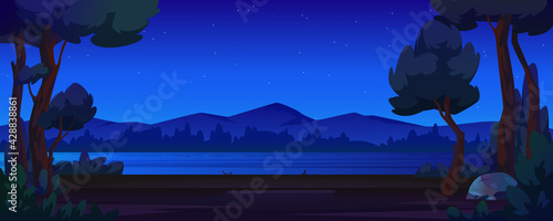 River bank, night forest and mountains, cartoon style background. Vector dark sky, summer tourism adventures, outdoors environment. Evening or early morning panorama, coast and hills, stone