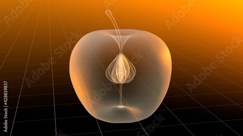 Apple in x-ray light, warm colors, grid, 3D rendering