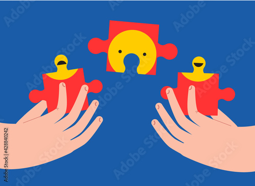 Two hand hold puzzle pieces with happy and sad emoticon. Mental health concept. Abstract vector illustration for people mood and states of mind