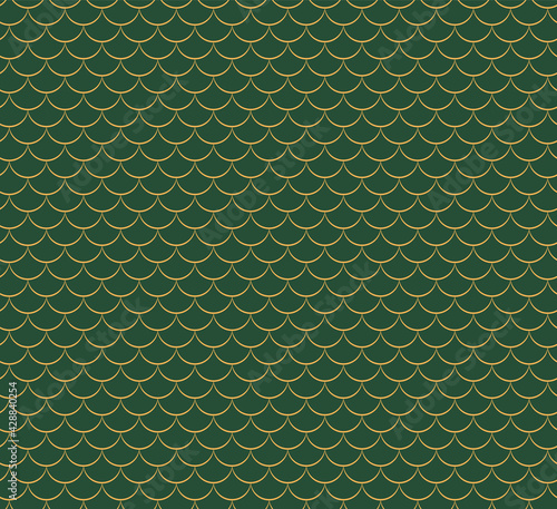 Dragon, fish scales abstract geometric seamless pattern, gold on green background. Eastern style vector illustration. Design concept for Dragon Boat Festival print, packaging, wrapping paper. Line art