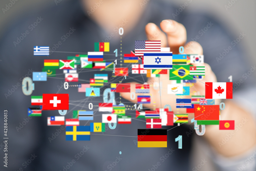 Global communication and international messaging concept, national flags of world Global communication and international messaging concept, national flags of world