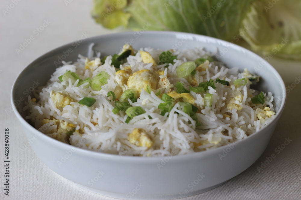 Steamed basmati rice with scrambled eggs and spring onions, called egg rice. Steamed basmati rice with scrambled eggs and spring onions, called egg rice.