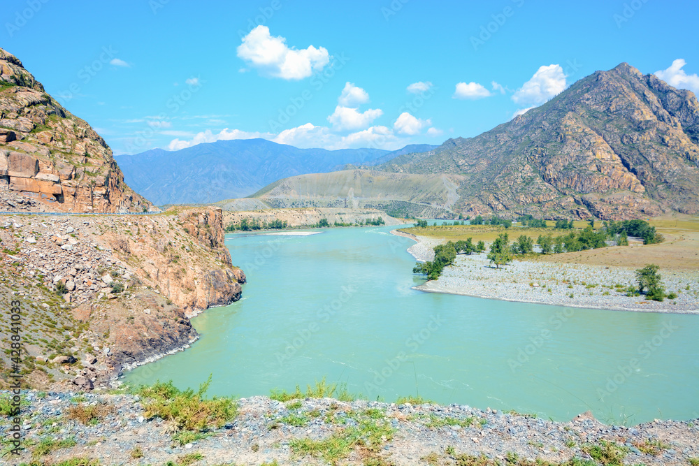 Landscape of Altai Mountains in the Valley of River.