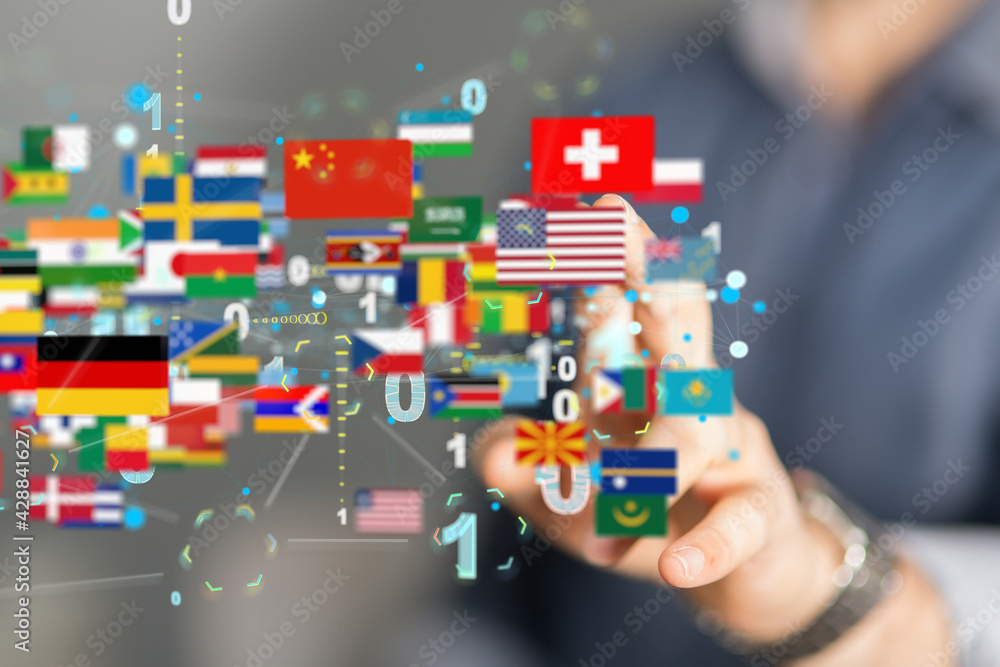 Global communication and international messaging concept, national flags of world Global communication and international messaging concept, national flags of world