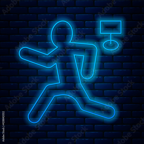 Glowing neon line Murder icon isolated on brick wall background. Body, bleeding, corpse, bleeding icon. Concept of crime scene. Vector