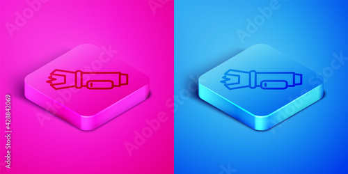 Isometric line Police electric shocker icon isolated on pink and blue background. Shocker for protection. Taser is an electric weapon. Square button. Vector