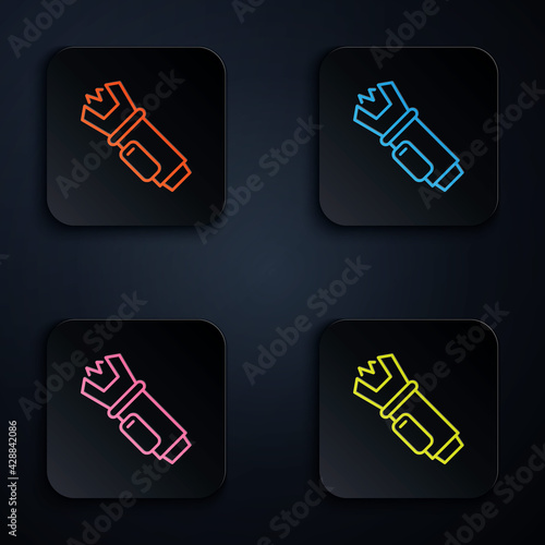 Color neon line Police electric shocker icon isolated on black background. Shocker for protection. Taser is an electric weapon. Set icons in square buttons. Vector