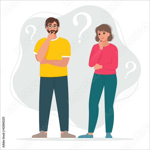 Two people - male and female asking questions. Thinking man and woman. Vector illustration in flat style