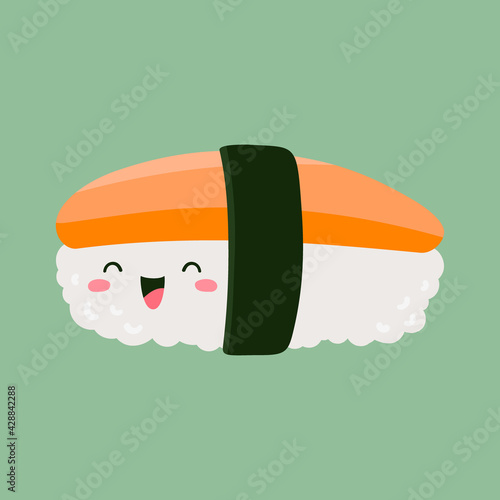 Sushi nigiri with salmon. Cute character design. Vector cartoon illustration isolated on green background.