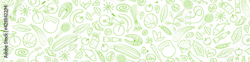 Healthy lifestyle seamless pattern. Green doodles on white background. Vector illustration.