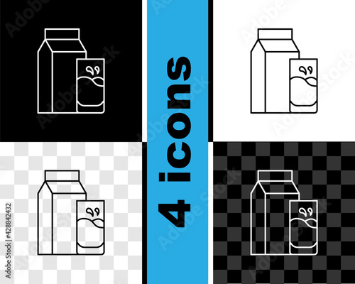 Set line Paper package for kefir and glass icon isolated on black and white, transparent background. Dieting food for healthy lifestyle and probiotics fulfillment. Vector