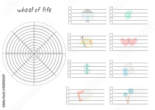 Vector illustration with Wheel of Life - diagram with blank lines to fill. Printable A4 paper sheet for coaching tool, bullet journal page, daily planner template, blank for notebook