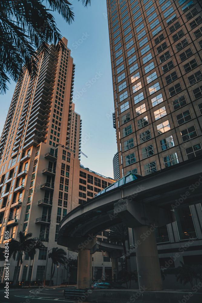 downtown city metro rail buildings reflections Miami Florida usa 