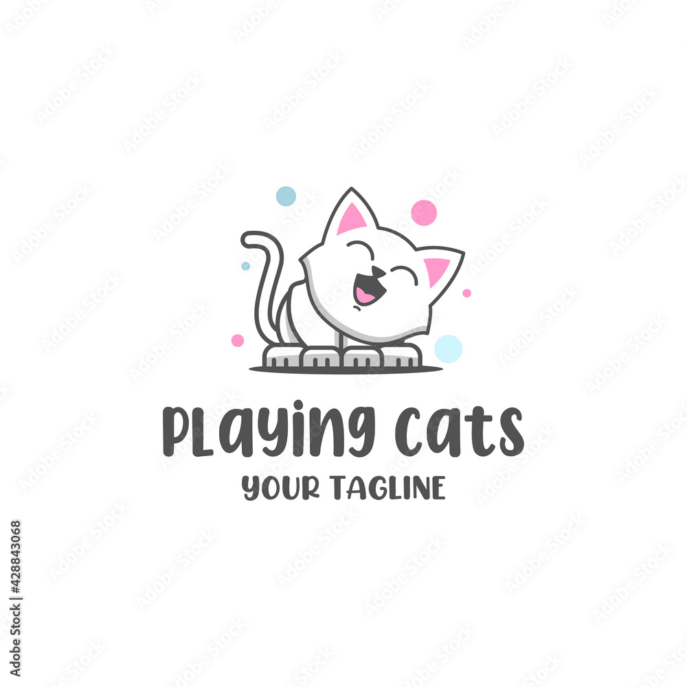  Cat sitting smiling Logo design vector template