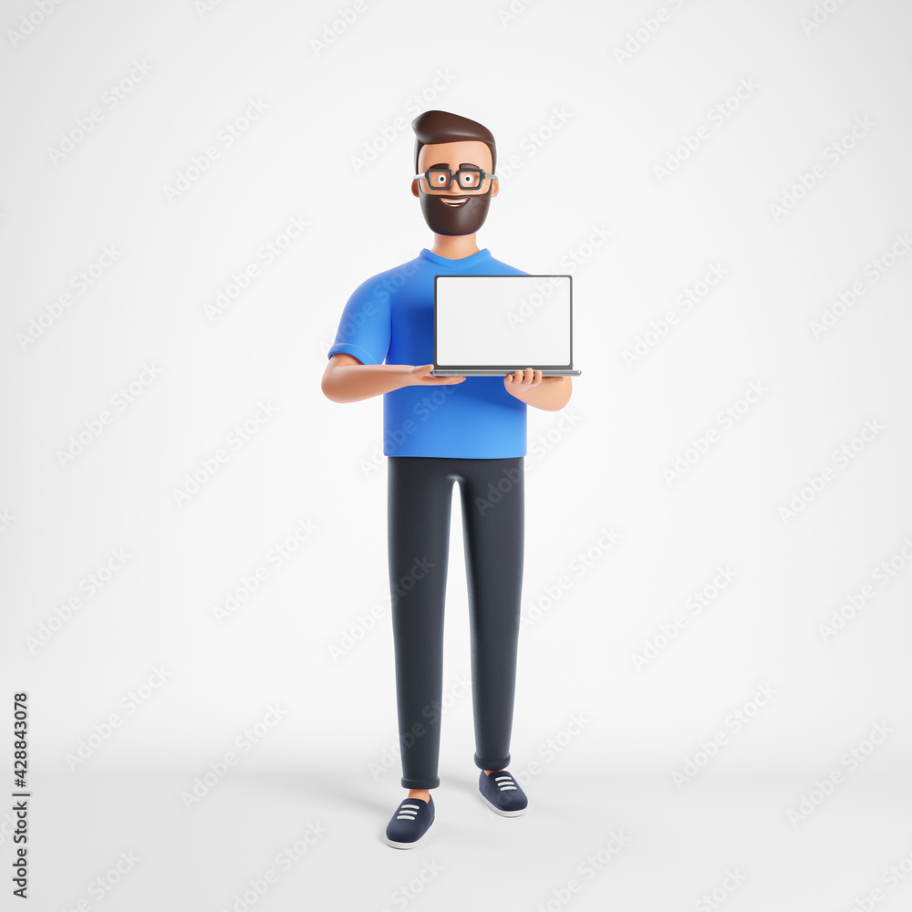 Handsome cartoon beard character man with laptop mockup blank screen stand over white background. Handsome cartoon beard character man with laptop mockup blank screen stand over white background.
