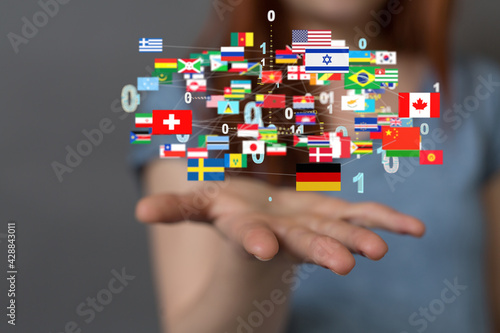 Global communication and international messaging concept  national flags of world