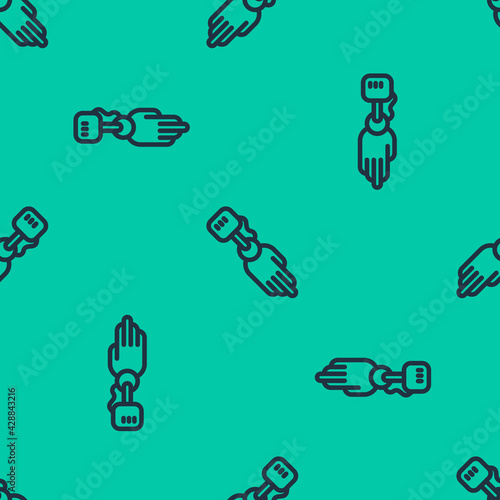 Blue line Prosthesis hand icon isolated seamless pattern on green background. Futuristic concept of bionic arm, robotic mechanical hand. Vector
