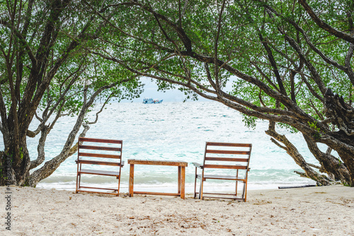 bench on the beach and ship with tree frame at Freedom beach, Koh Tao, Thailand
