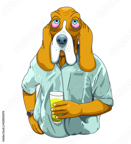 Chien à joues tombantes qui tient un verre de pastis