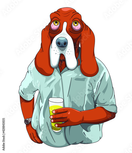 Chien à joues tombantes qui tient un verre de pastis
