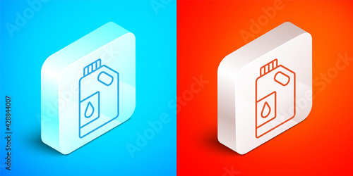 Isometric line Canister for motor machine oil icon isolated on blue and red background. Oil gallon. Oil change service and repair. Engine oil sign. Silver square button. Vector