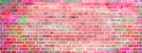 Colorful abstract pink red grunge painted colored damaged rustic brick wall masonry brickwork stonework texture background banner panorama