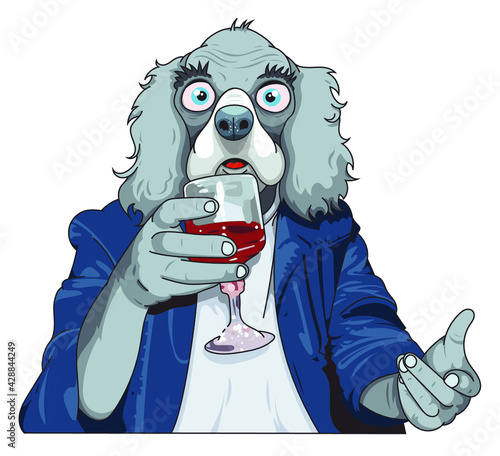 Chien avec verre de vin