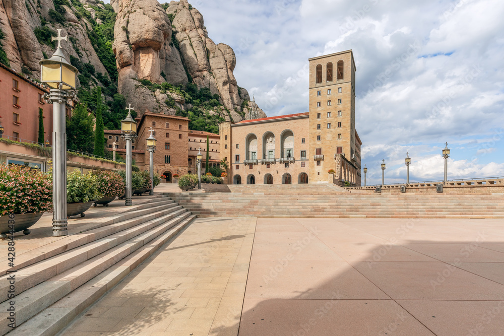 Square in front of the famous monastery Santa Maria de Montserrat Abbey. Catalonia, Spain