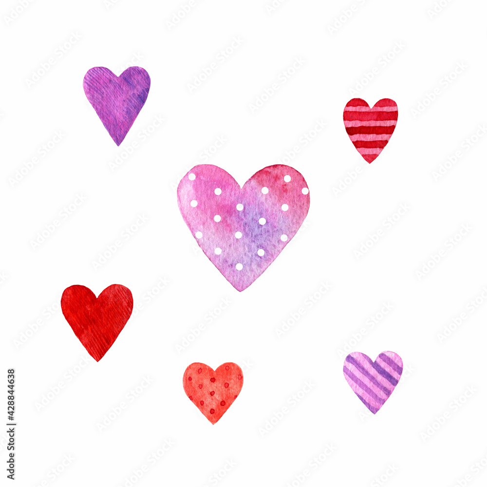 Simple watercolor hearts. Pink and red. Decorative elements for Valentine's day.