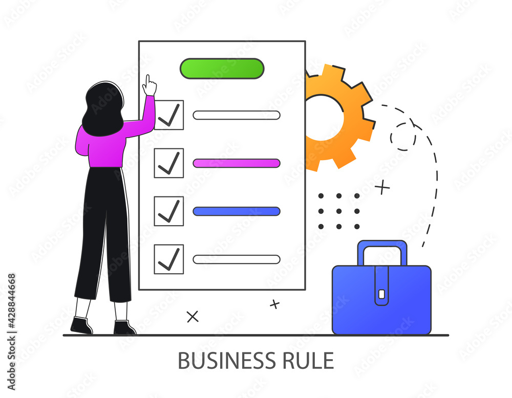Business rule concept. Office worker check rules and thinking about work.